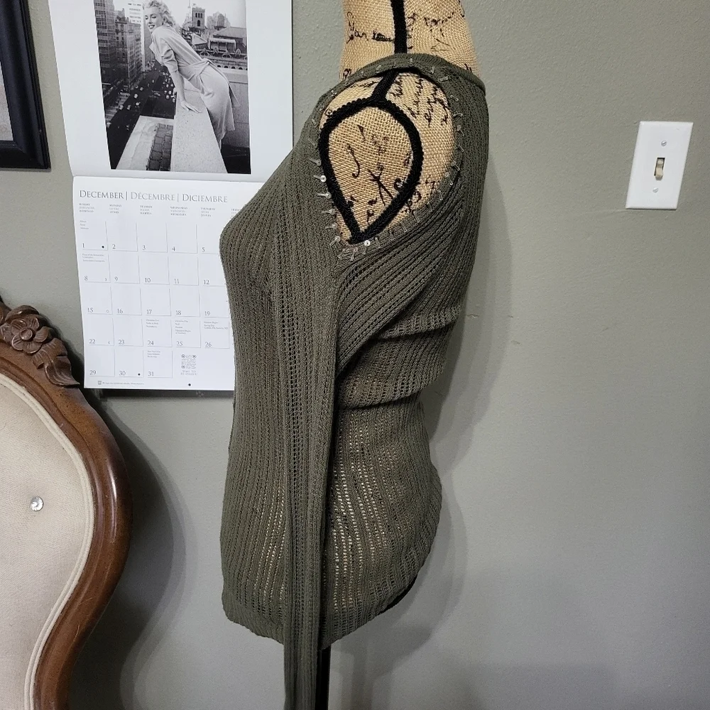 Alberto Makali Knit Button Down V Neck Olive Sweater with Beaded Open Shoulders